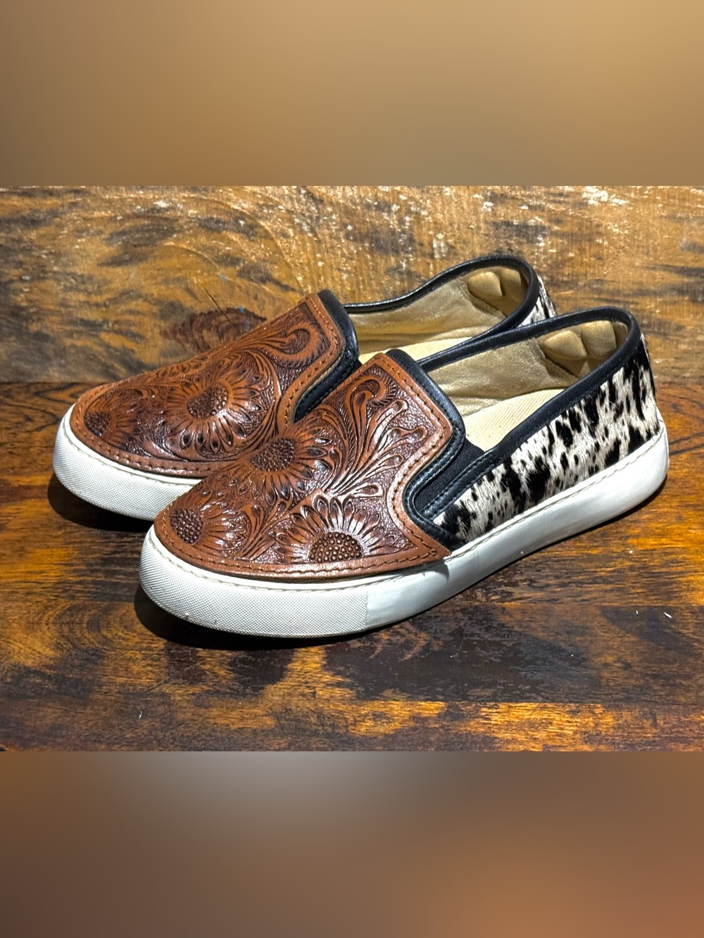 Myra , Textured Leather Floral and Hair On Cowhide, Slip -On Comfort Sneaker